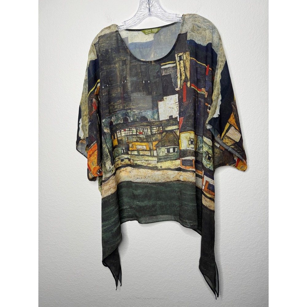 Jade Art Print Sheer Rayon Poncho Top Sharkbite Hem House by the Sea Womens L/XL
